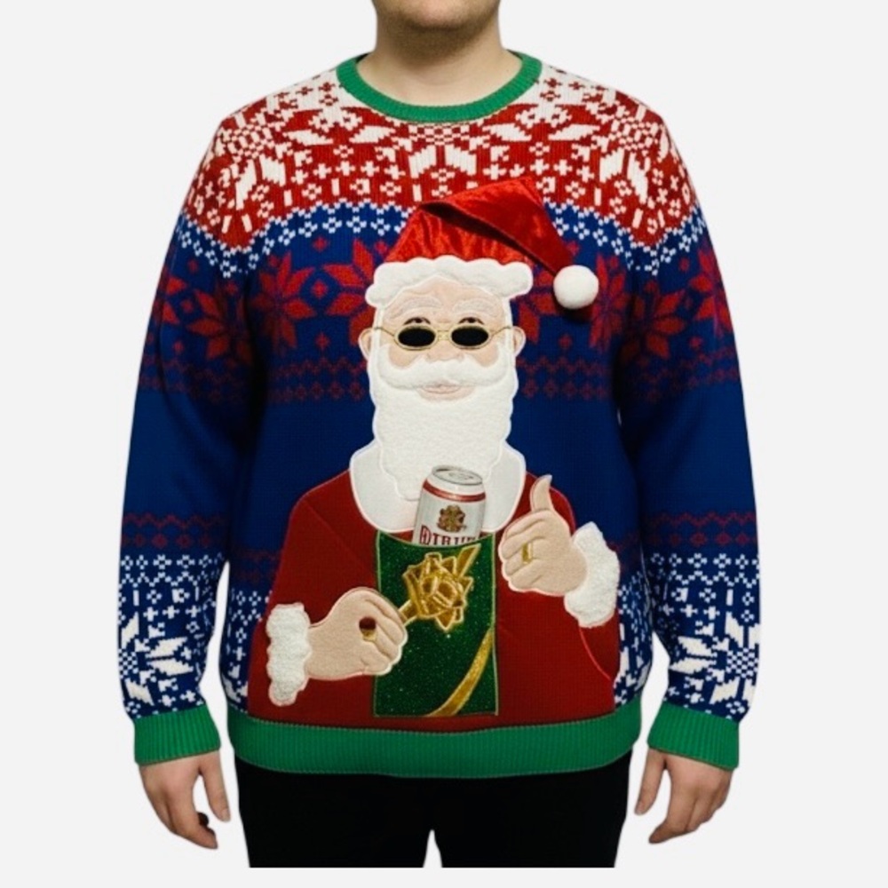 Christmas Sweater With Beer Holder Pocket Santa Fair Isle L Red White Blue